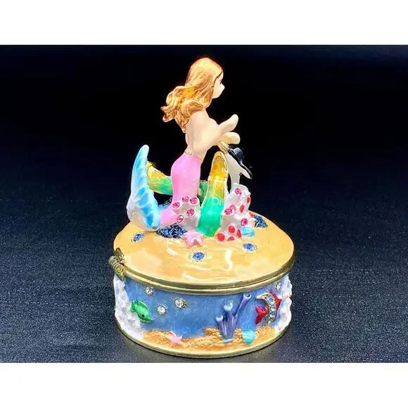 Mermaid Trinket Box Ocean Scene Enamel Seahorse Fish Keepsake